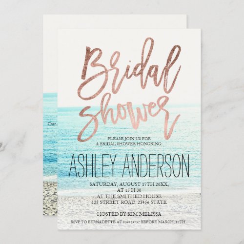 Rose gold typography beach photo bridal shower 2 invitation