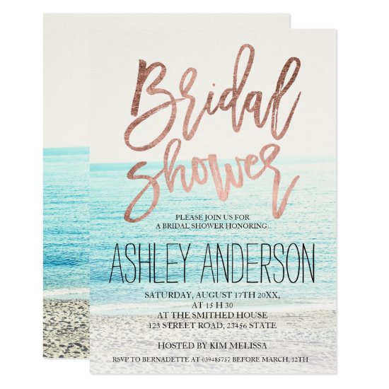 Rose gold typography beach photo bridal shower invitation