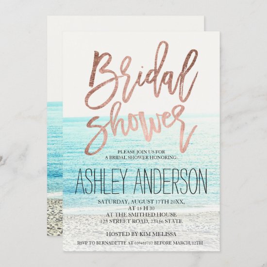 Rose gold typography beach photo bridal shower invitation