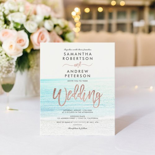 Rose gold typography beach photo budget wedding 