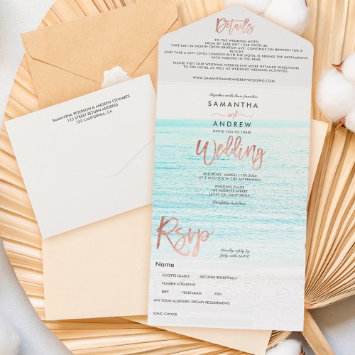 Rose gold typography beach photo wedding all in one invitation