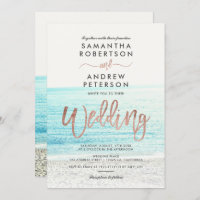 Rose gold typography beach photo wedding invitation