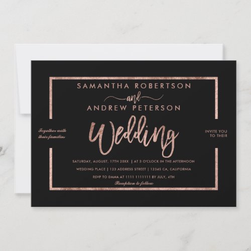 Rose gold typography black chic wedding invitation