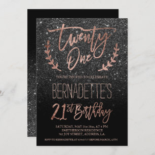 Rose gold typography black glitter 21st Birthday Invitation