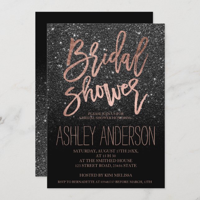 Rose gold typography black glitter bridal shower invitation (Front/Back)