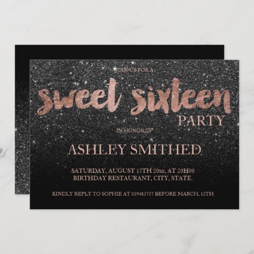 Rose gold typography black glitter Sweet 16 Invitation