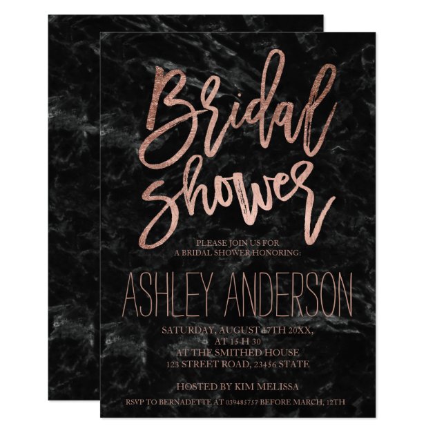 Rose Gold Typography Black Marble Bridal Shower Invitation