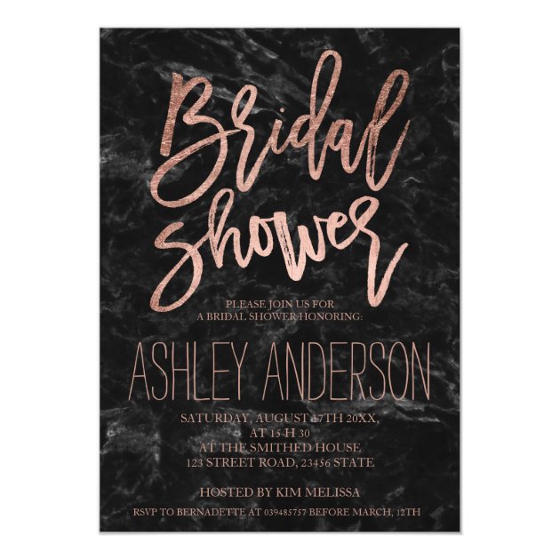 Rose Gold Typography Black Marble Bridal Shower Invitation