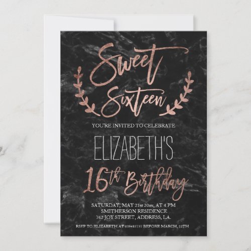 Rose gold typography black marble Sweet SIxteen Invitation