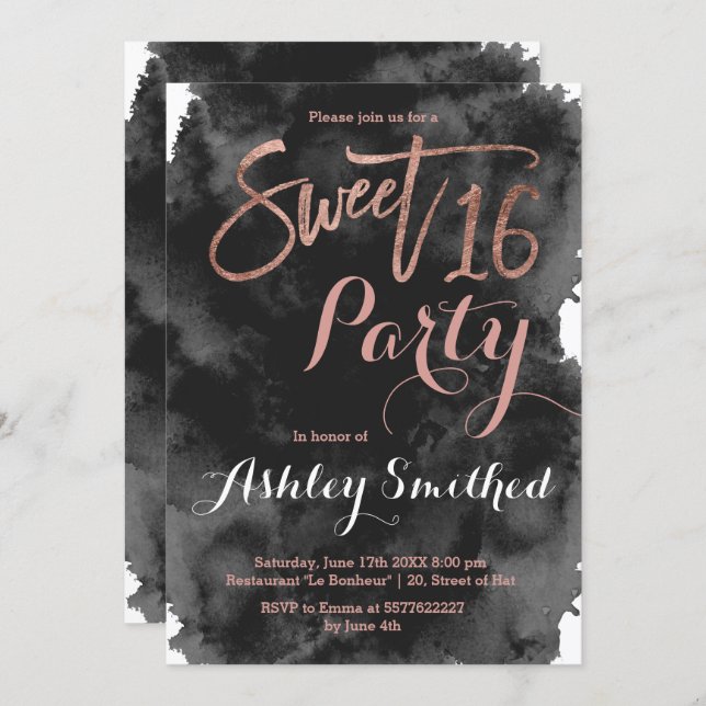 Rose gold typography black watercolor Sweet 16 Invitation (Front/Back)