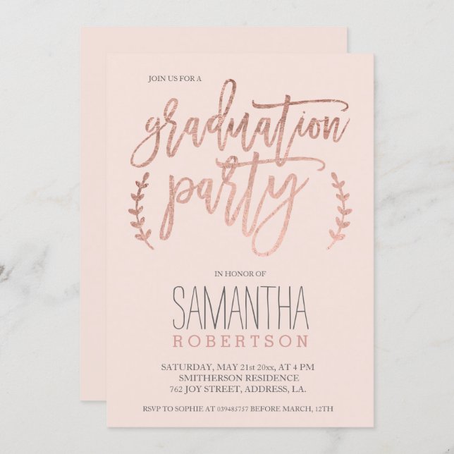 Rose gold typography blush pink graduation party invitation (Front/Back)