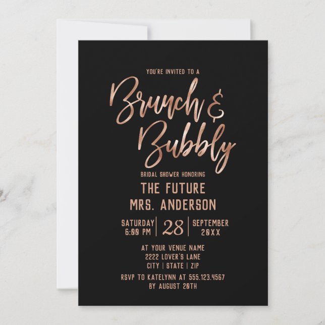Rose Gold Typography Brunch & Bubbly Bridal Shower Invitation (Front)