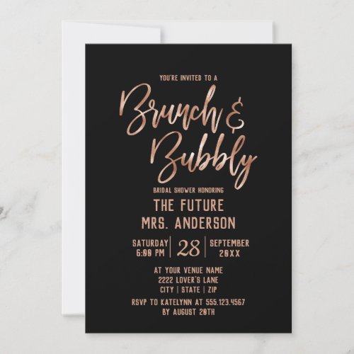 Rose Gold Typography Brunch  Bubbly Bridal Shower Invitation