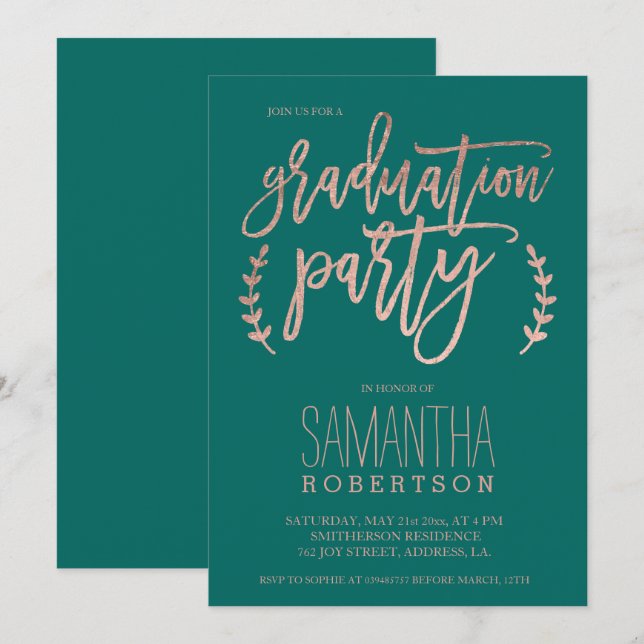 Rose gold typography emerald graduation party invitation (Front/Back)