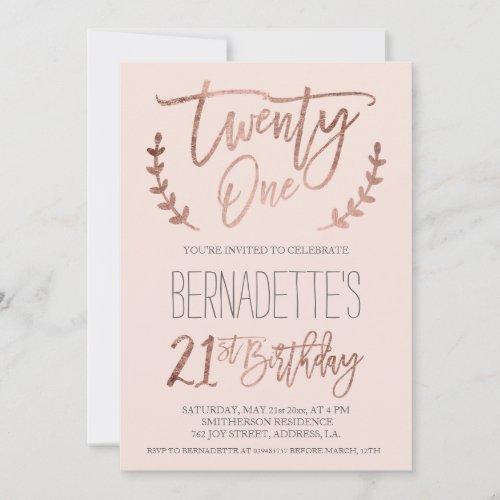Rose gold typography feathers blush 21st Birthday Invitation