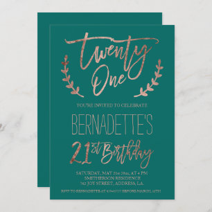 Rose gold typography feathers green 21st Birthday Invitation