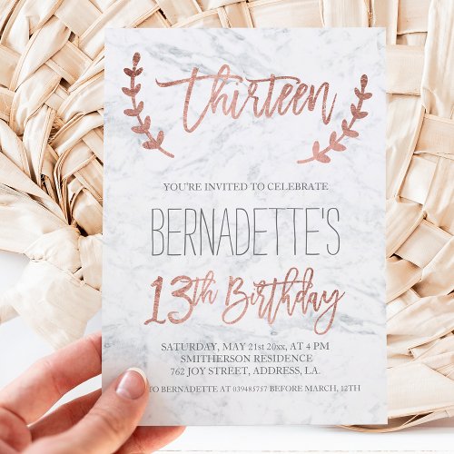 Rose gold typography feathers marble 13th Birthday Invitation