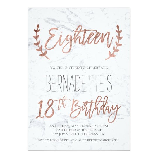 Rose Gold Typography Feathers Marble 18th Birthday Invitation