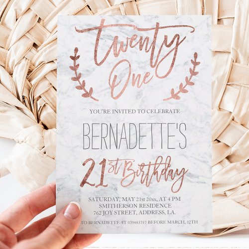 Rose gold typography feathers marble 21st Birthday Invitation