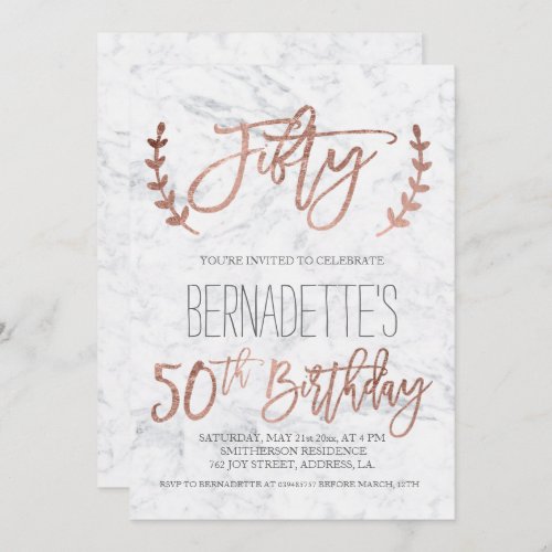 Rose gold typography feathers marble 50th Birthday Invitation