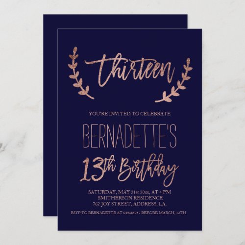 Rose gold typography feathers navy 13th Birthday Invitation