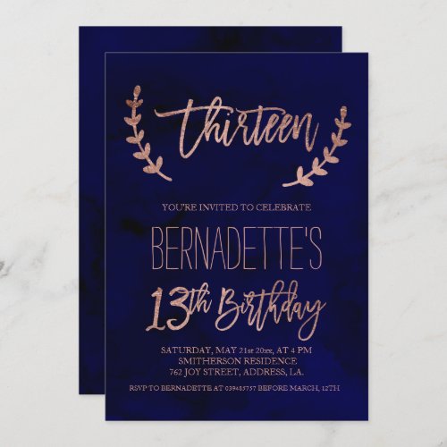 Rose gold typography feathers navy 13th Birthday Invitation