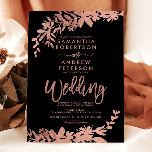 Rose Gold typography floral black chic wedding Invitation