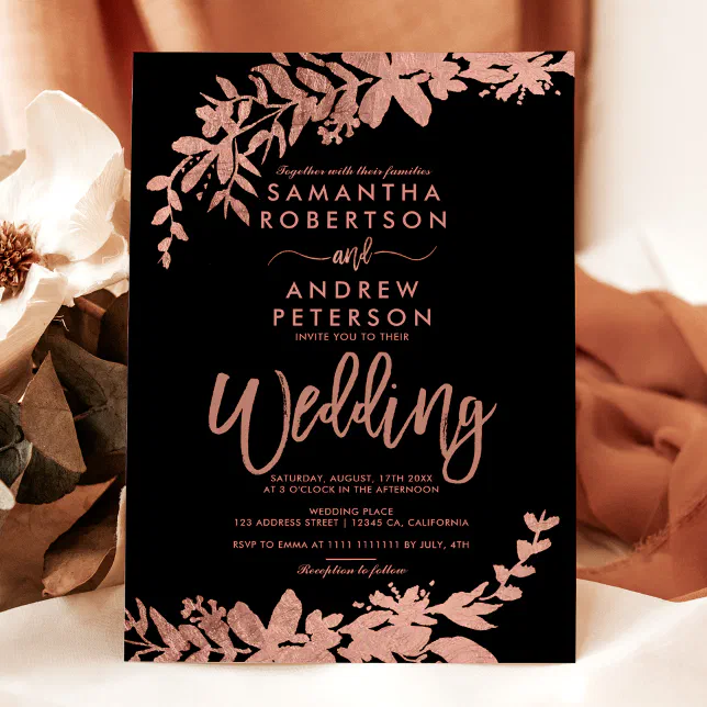 Rose Gold Typography Floral Black Chic Wedding Invitation Zazzle