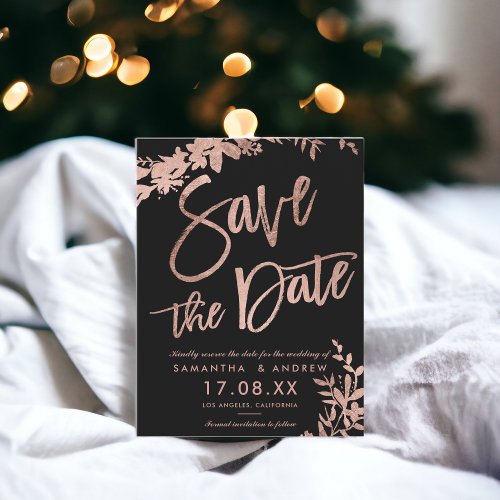 Rose Gold typography floral black save the date Announcement Postcard