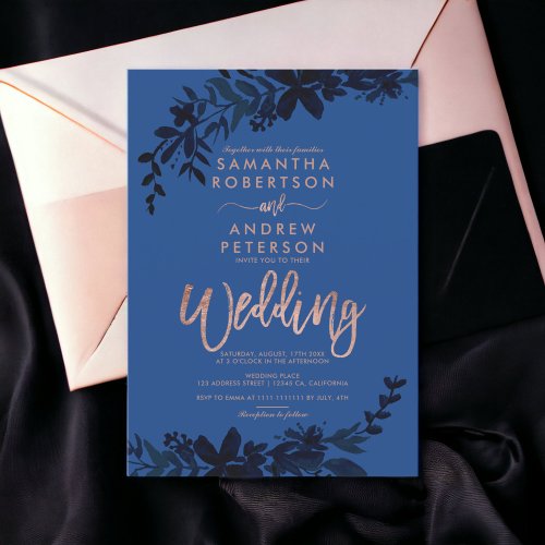 Rose gold typography Floral blue wedding Invitation