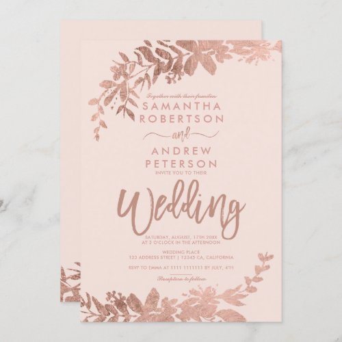 Rose Gold typography floral blush chic wedding Invitation