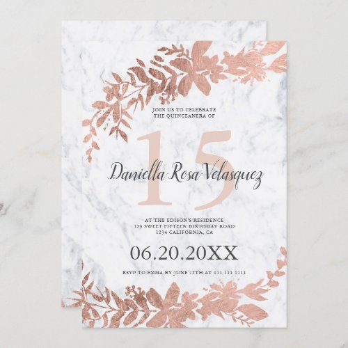 Rose gold typography Floral blush pink quinceanera Invitation