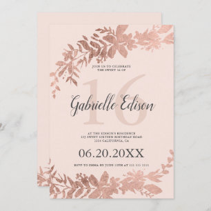 Rose gold typography Floral blush pink Sweet 16 Invitation