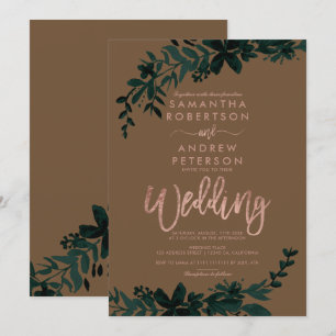 Rose gold typography Floral brown wedding Invitation