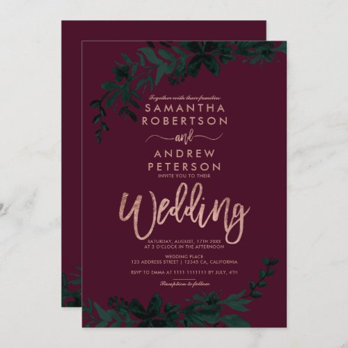 Rose gold typography Floral burgundy wedding Invitation