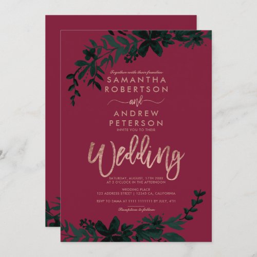Rose gold typography Floral burgundy wedding Invitation