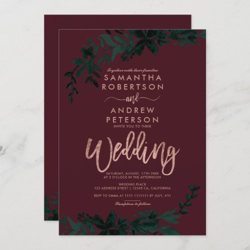 Rose gold typography Floral burgundy wedding Invitation