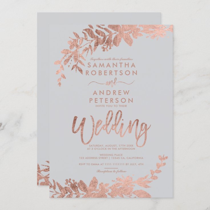 Rose Gold Typography Floral Gray Wedding Invitation Zazzle