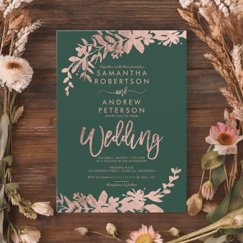 Rose gold typography Floral green wedding Invitation