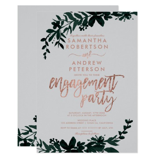 Rose gold typography Floral grey engagement Invitation