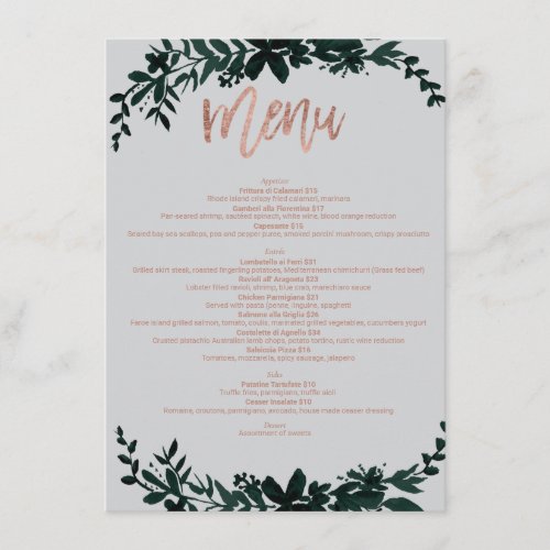 Rose gold typography Floral grey wedding menu 2