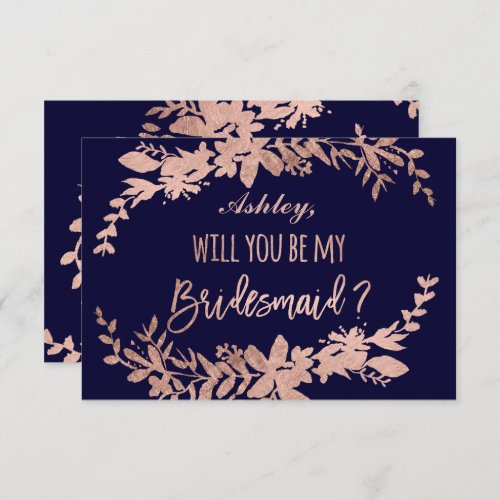 Rose Gold typography Floral navy blue bridesmaid Invitation
