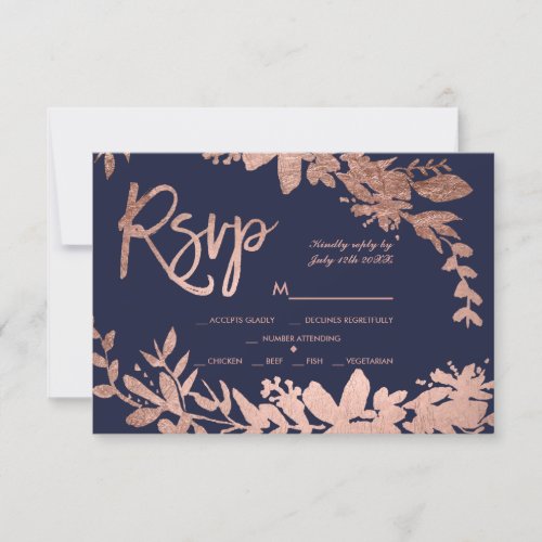 Rose Gold typography floral navy blue rsvp wedding