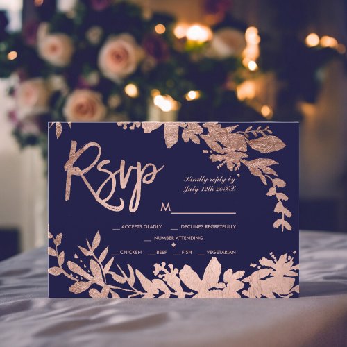 Rose Gold typography floral navy blue rsvp wedding