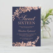 Rose gold typography Floral navy blue Sweet 16 Invitation (Standing Front)