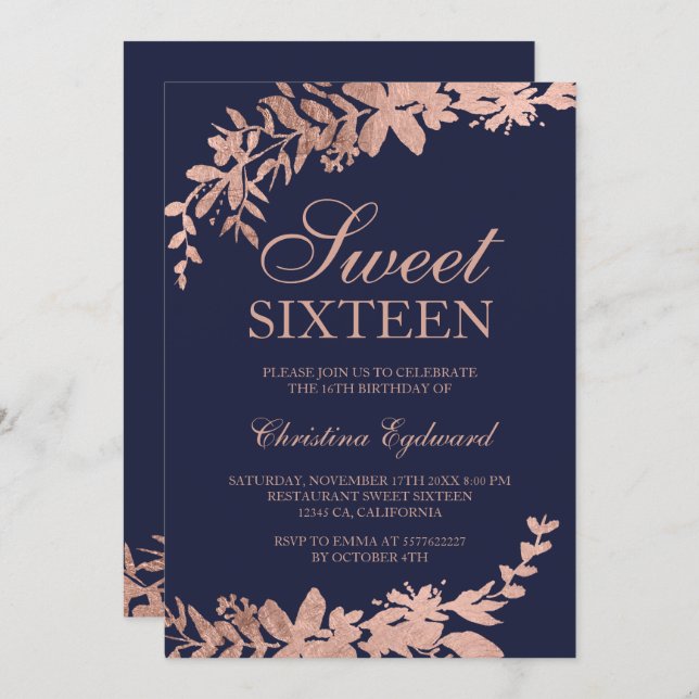 Rose gold typography Floral navy blue Sweet 16 Invitation (Front/Back)