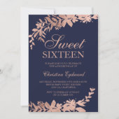 Rose gold typography Floral navy blue Sweet 16 Invitation (Front)