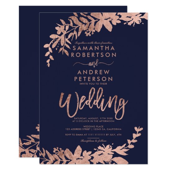 Rose gold typography Floral navy blue wedding Invitation