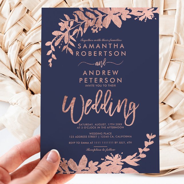 Rose gold typography Floral navy blue wedding Invitation (Creator Uploaded)