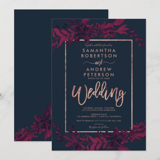 Rose gold typography Floral navy red wedding Invitation (Front/Back)